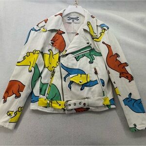 EUC Women’s JoyRich Giza Denim Moto Motorcycle Jacket White Dinosaurs size XS